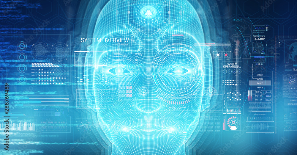 代表人工智能3D渲染的机器人人脸