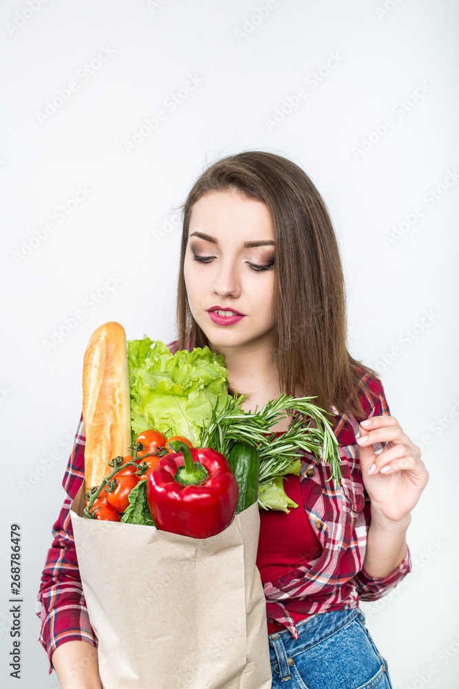Smiling Happy Woman Enjoying Shopping Supermarket Holding Vegetables in Eco Friendly bag