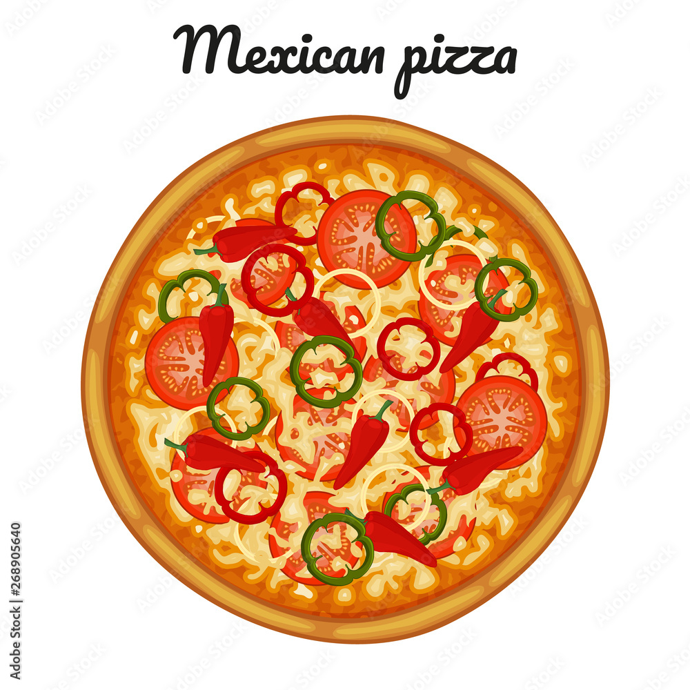 墨西哥披萨配番茄、辣椒和辣椒。包装、广告、菜单对象。隔离