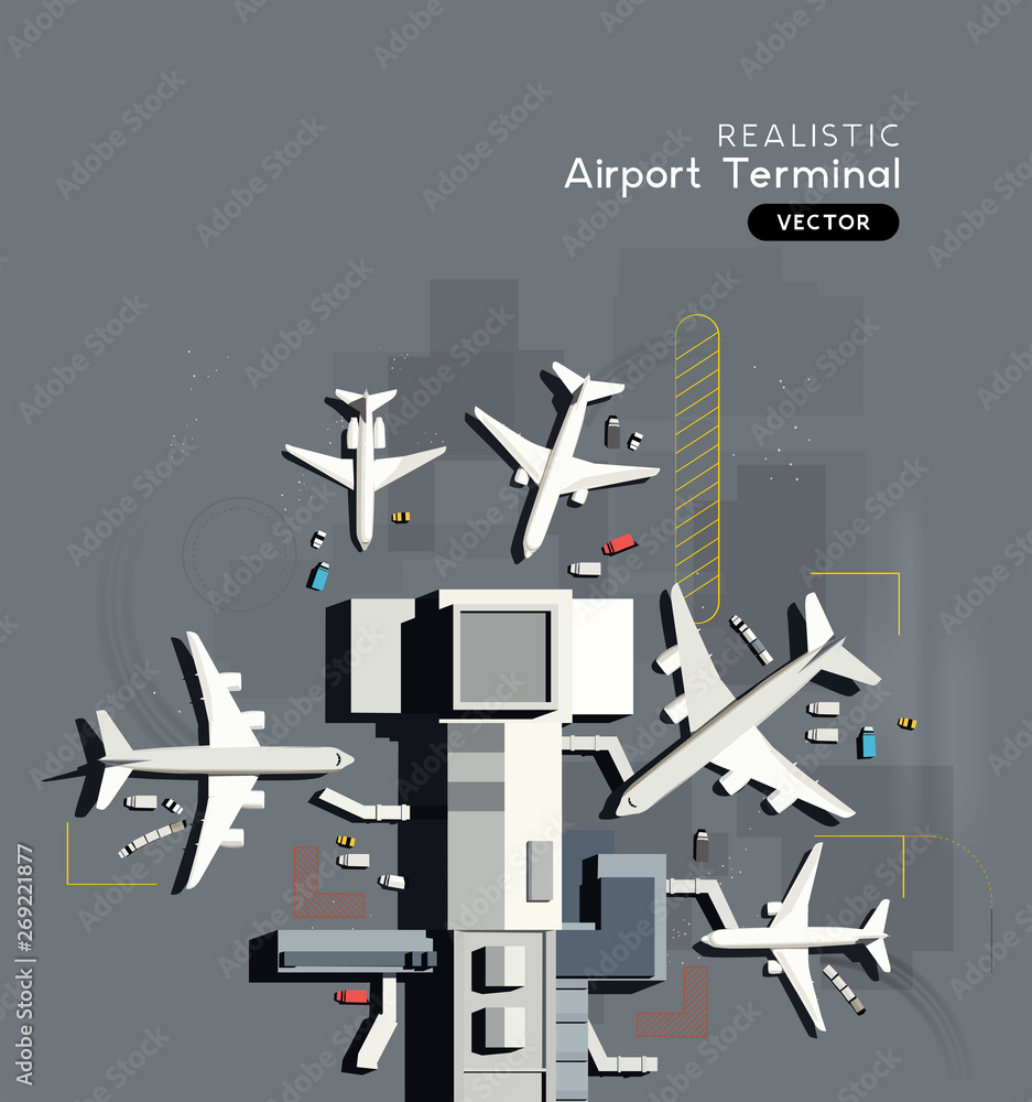 繁忙的机场航站楼俯视图，停着商用飞机。矢量插图