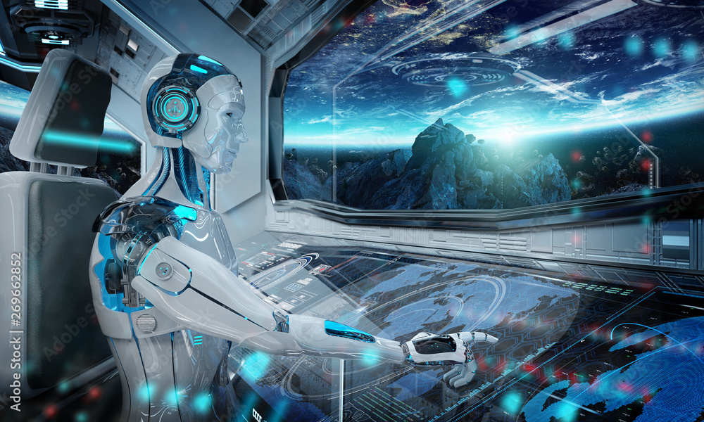 控制室里的机器人驾驶一艘白色现代宇宙飞船，在太空3D渲染中可以看到窗户