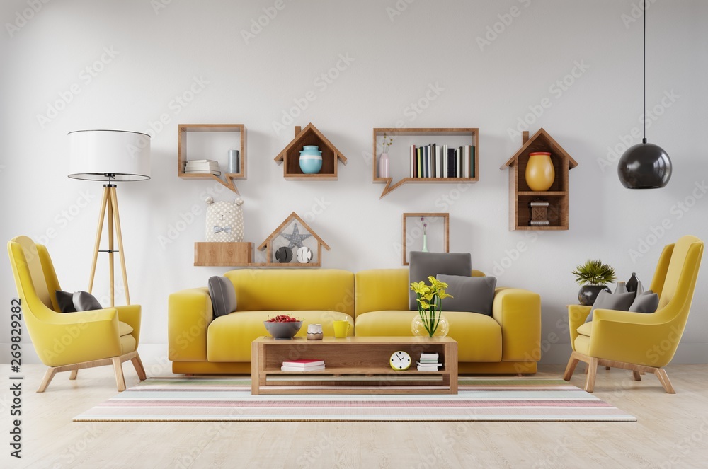 客厅配有织物黄色沙发、黄色扶手椅、花瓶里的灯和绿色植物、装饰性架子