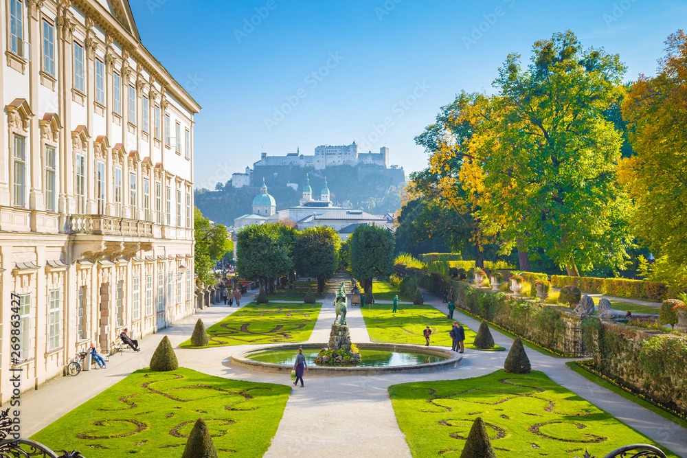 Mirabell Gardens with Hohensalzburg Fortress in Salzburg, Austria