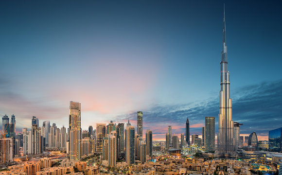 令人惊叹的迪拜未来天际线全景，迪拜市中心，阿拉伯联合酋长国
