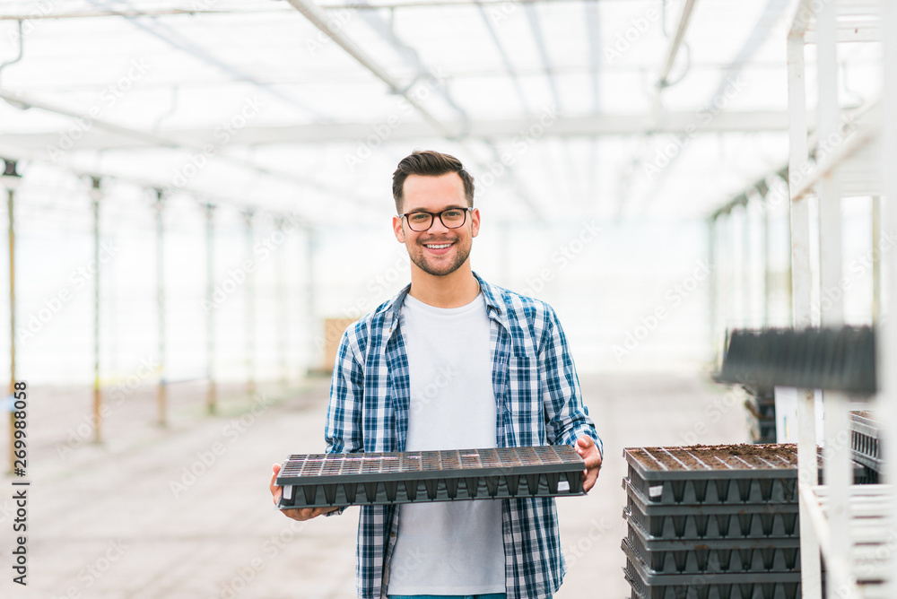 Portrait of a handsome young man holding nursery trays at bright hydroponic greenhouse. Organic food