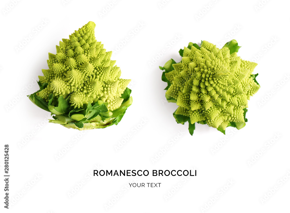 Creative layout made of romanesco cauliflower. Flat lay. Food concept. Romanesco broccoli on the whi