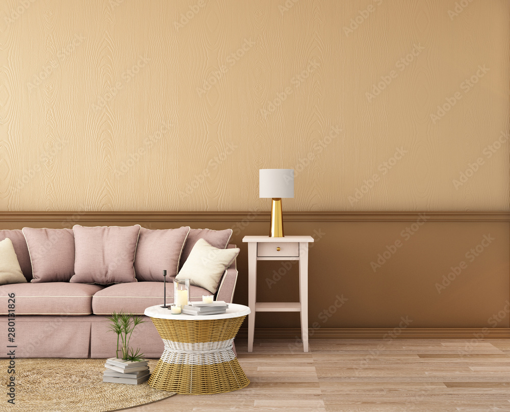 客厅或接待处的室内设计，木地板背景的经典沙发/3d插图