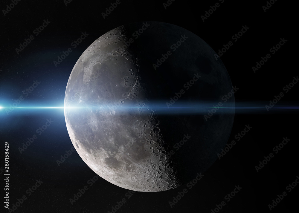 太空中的半月形视图，带有星星3D渲染元素，该图像由NASA提供