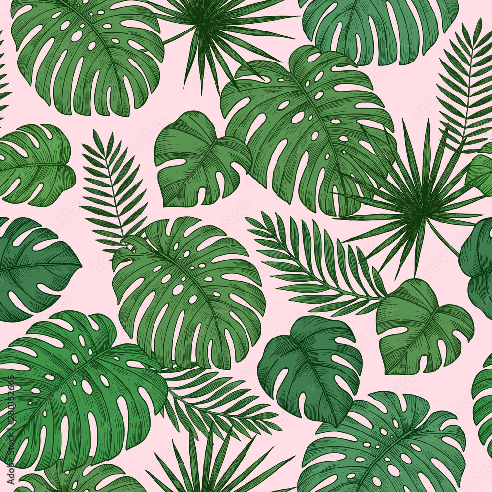 Pink tropical leaves seamless pattern. Jungle background. Vector illustration