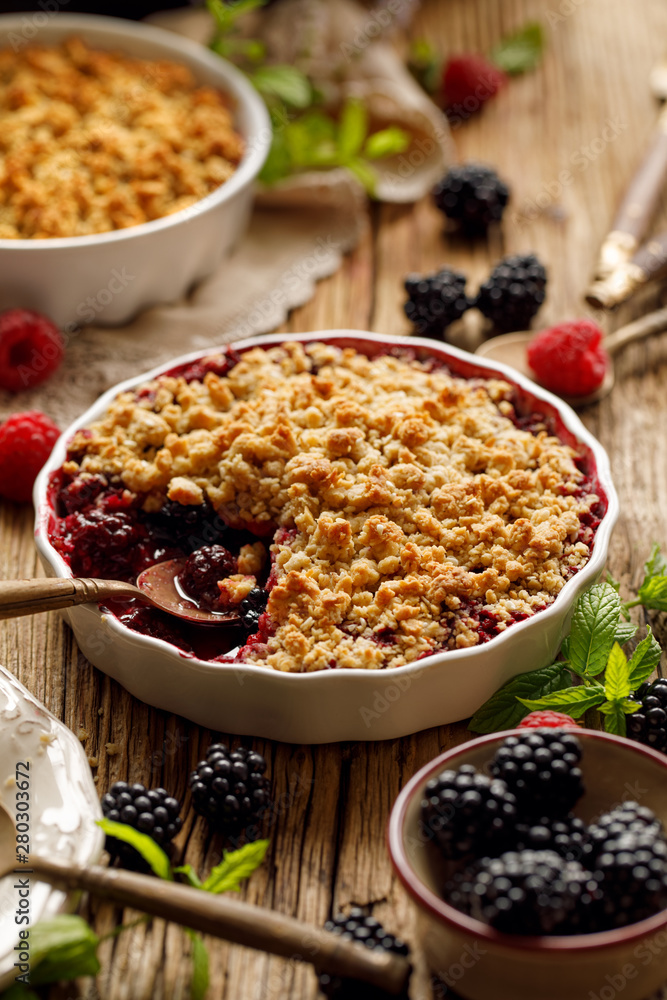 Crumble, Mixed berry (blackberry, raspberry) crumble, stewed fruits topped with crumble of oatmeal, 
