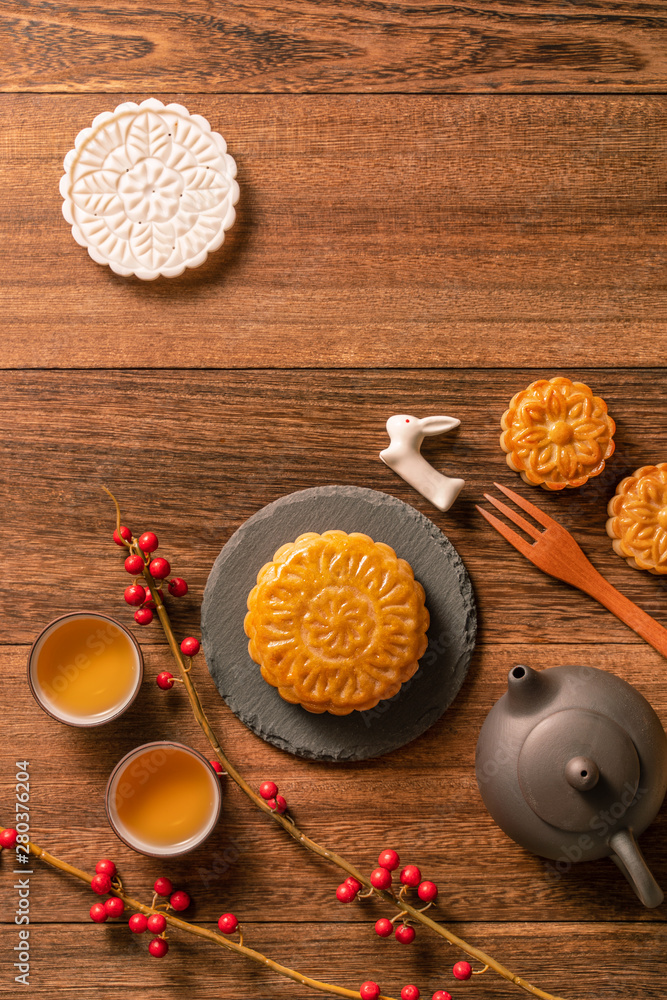 创意月饼月饼桌设计-木背茶杯中式传统糕点gr