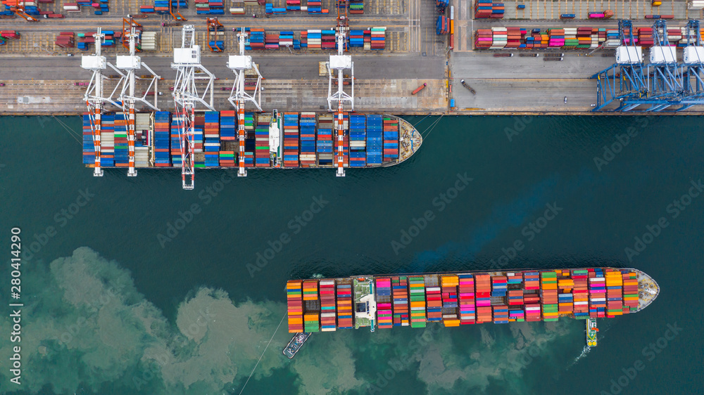 Aerial view cargo ship terminal, Unloading crane of cargo ship terminal, Aerial view industrial port