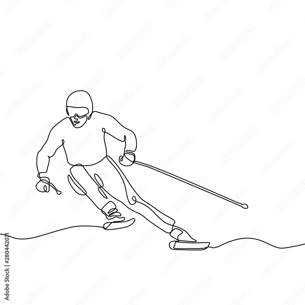 滑雪赛车手连续划线单手绘极简主义设计