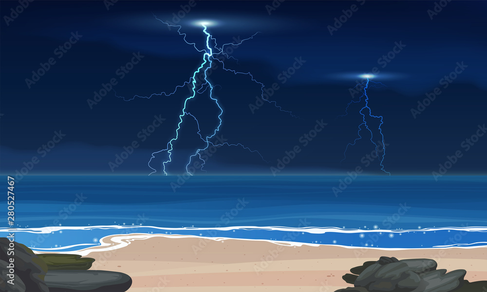 闪电和雷暴。风暴前热带平静的大海和沙滩，矢量背景。