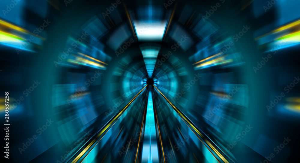 带红绿灯的蓝色深色隧道背景中的抽象缩放效果