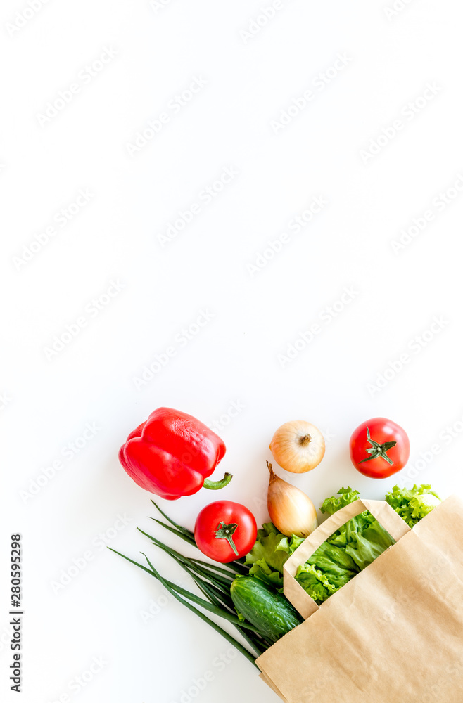 在白色背景上的纸袋中购买新鲜蔬菜
