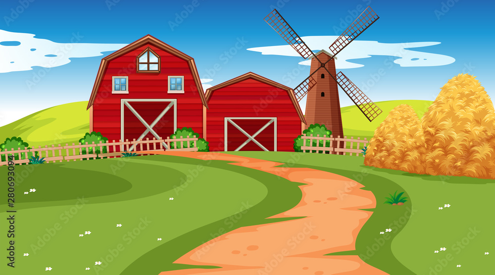 Farm scene in nature with barn