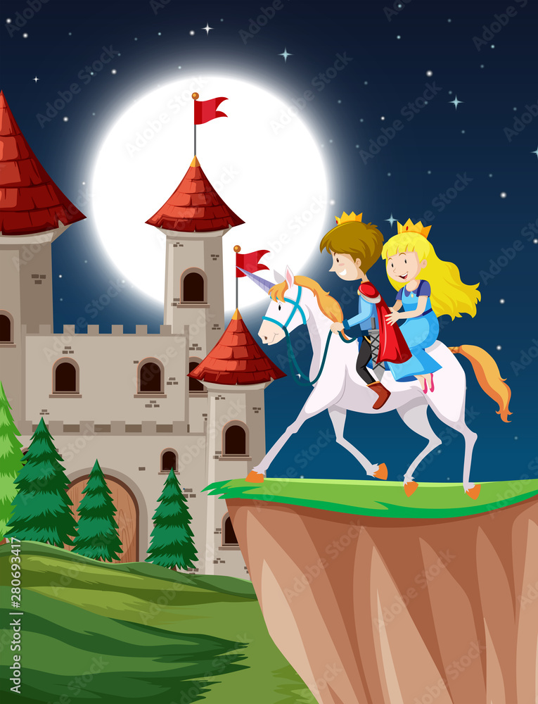 王子和公主在夜晚与月亮一起骑着幻想独角兽