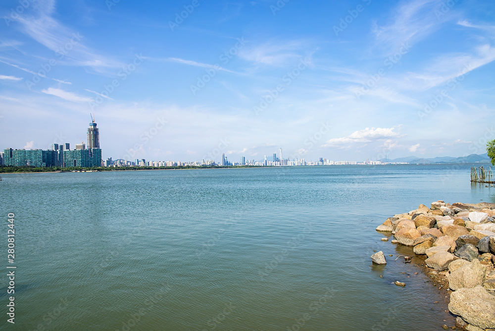 China Shenzhen City Building and Shenzhen Bay Park Sea Level Skyline Scenery