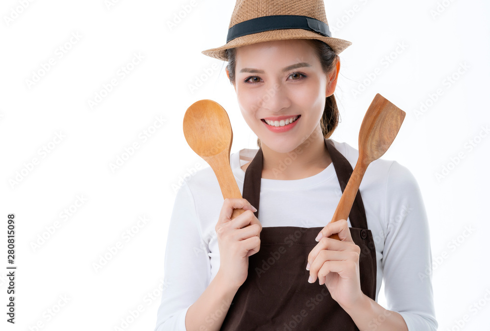 smart happiness asian friendly shop owner wear brown apron portrait half body smile and look to came