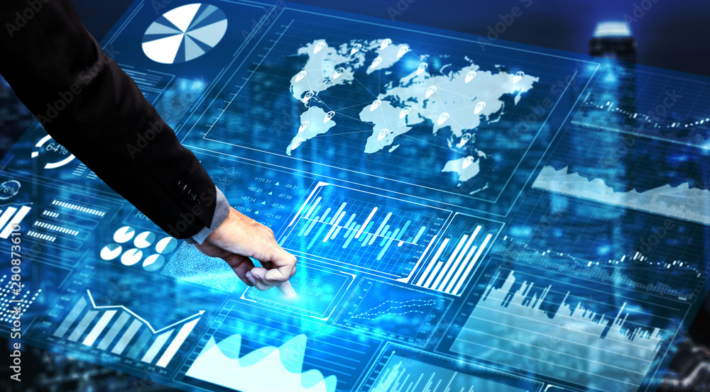 大数据技术用于商业金融分析概念。现代图形界面显示了大量