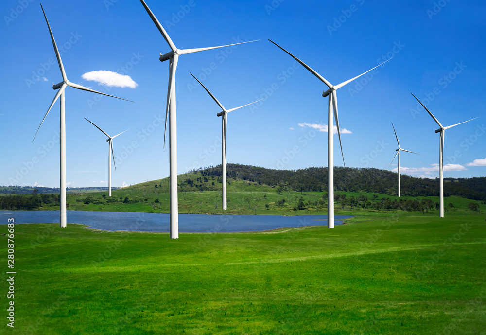 美丽自然景观中的风电场发电机，用于生产可再生绿色能源