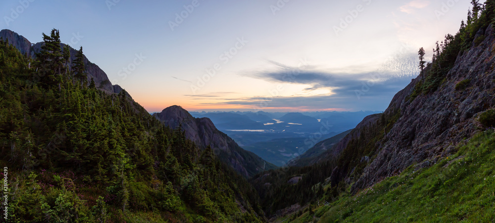 Beautiful Panoramic view of Canadian Mountain Landscape during a vibrant summer sunset. Taken at Mt 