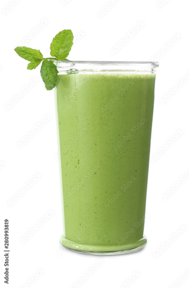 Glass of fresh healthy smoothie on white background