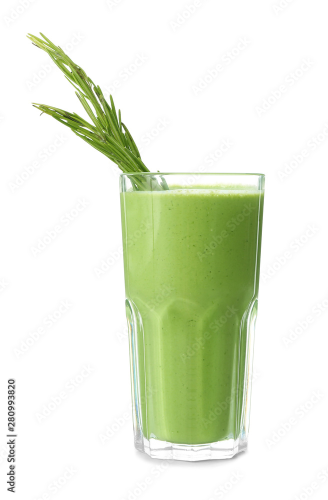 Glass of fresh healthy smoothie on white background