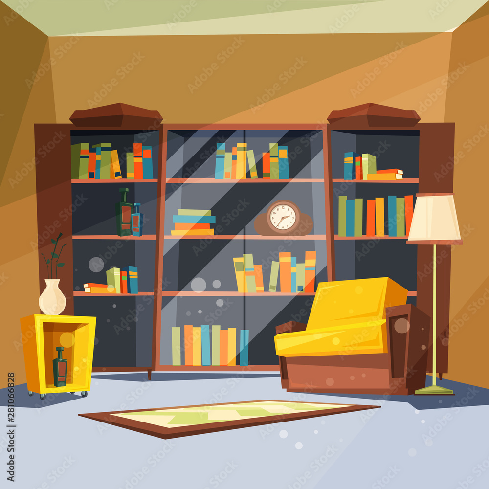 有书的房间。客厅内有家庭图书馆书架的家庭公寓，用于阅读矢量