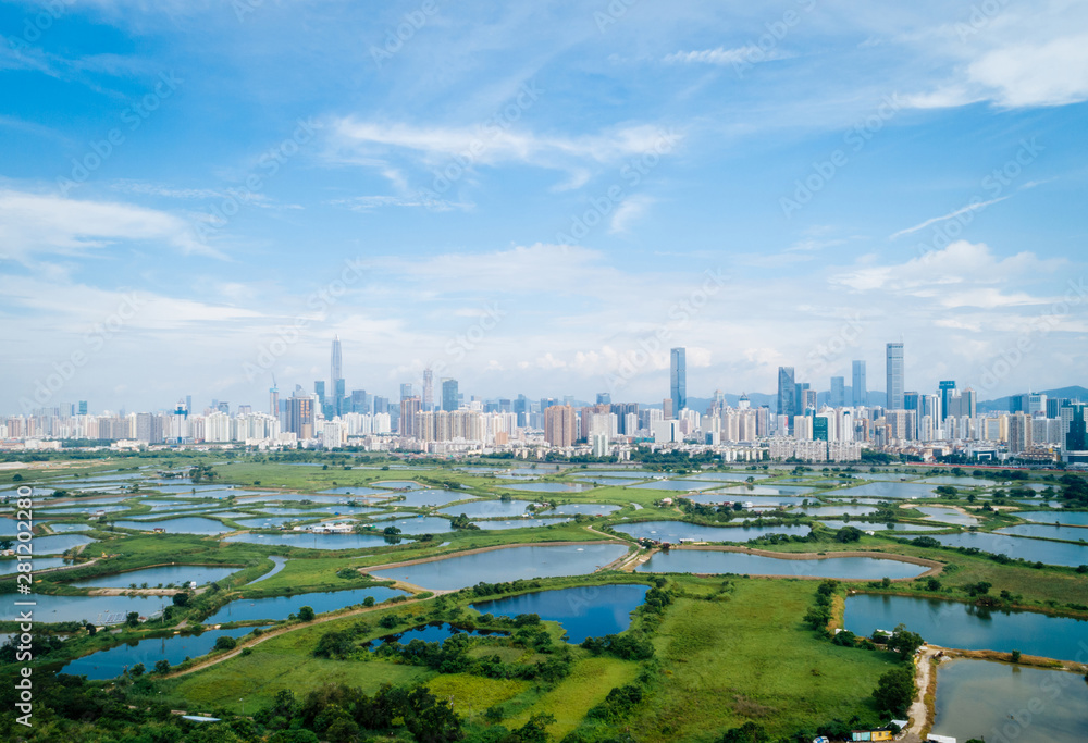 中国香港与深圳天际线之间有鱼塘的乡村绿地