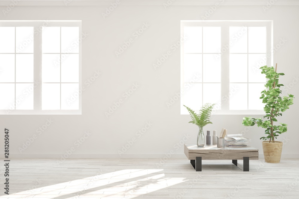 Empty room in white color with table and green flower. Scandinavian interior design. 3D illustration