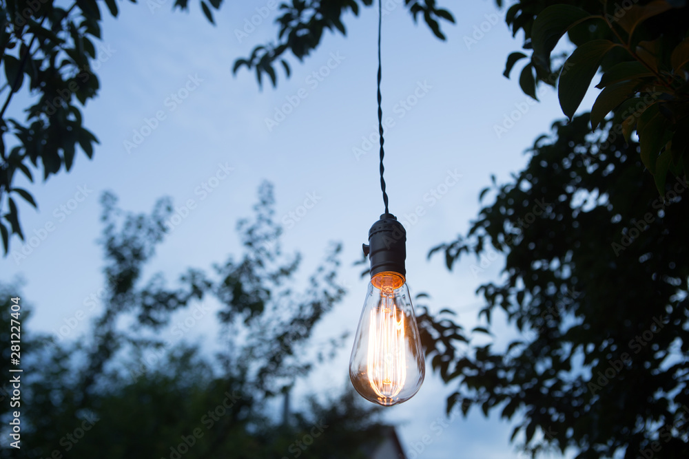 Loneliness concept lonely retro bulb glow in the evening garden