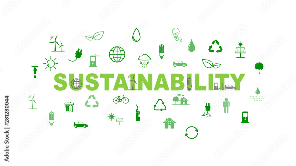 带有平面图标的可持续发展概念的绿色商业模板和背景