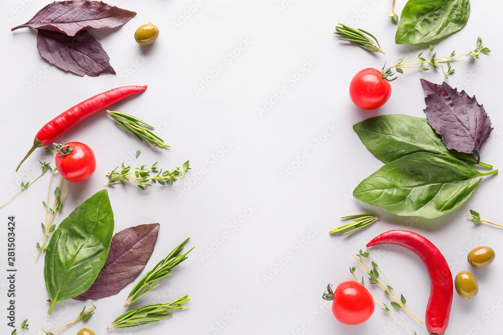 Fresh herbs with vegetables on white background