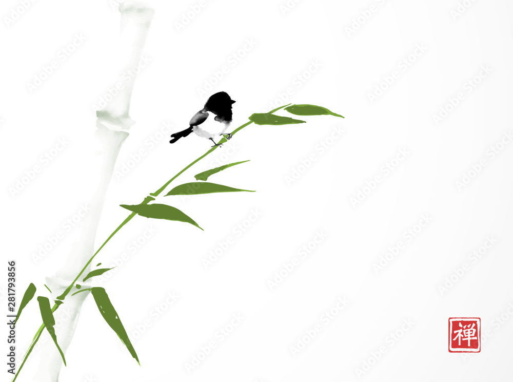 Green bamboo tree and little bird hand drawn with ink in minimalist style on white background. Tradi