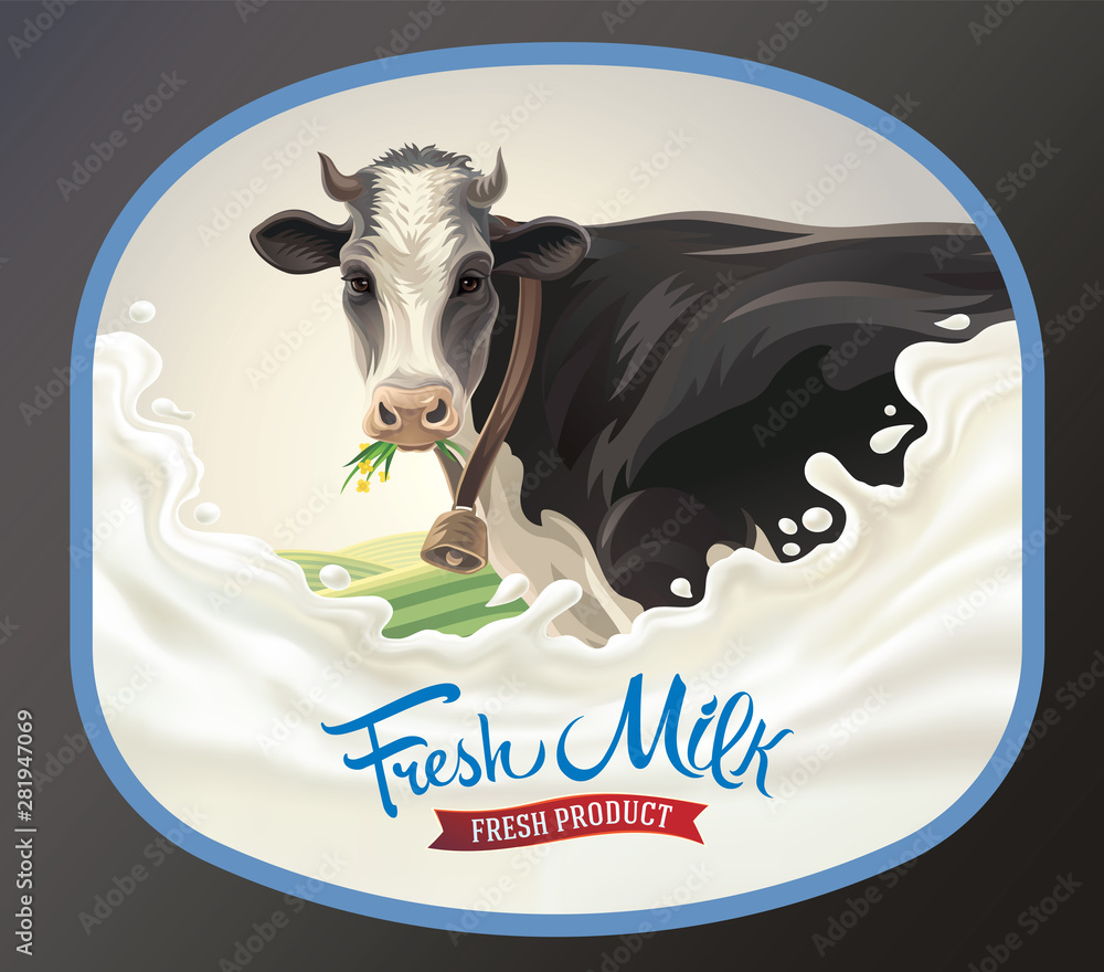 奶牛，在乡村景观的背景下，在画面中和飞溅的牛奶。