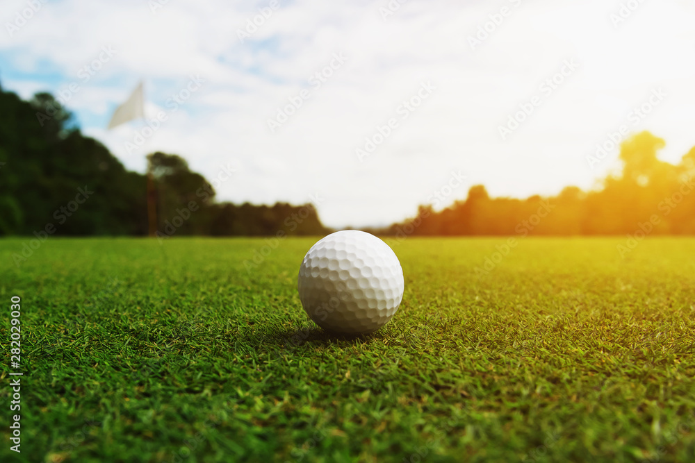 绿色草地上的高尔夫球，有洞，有阳光