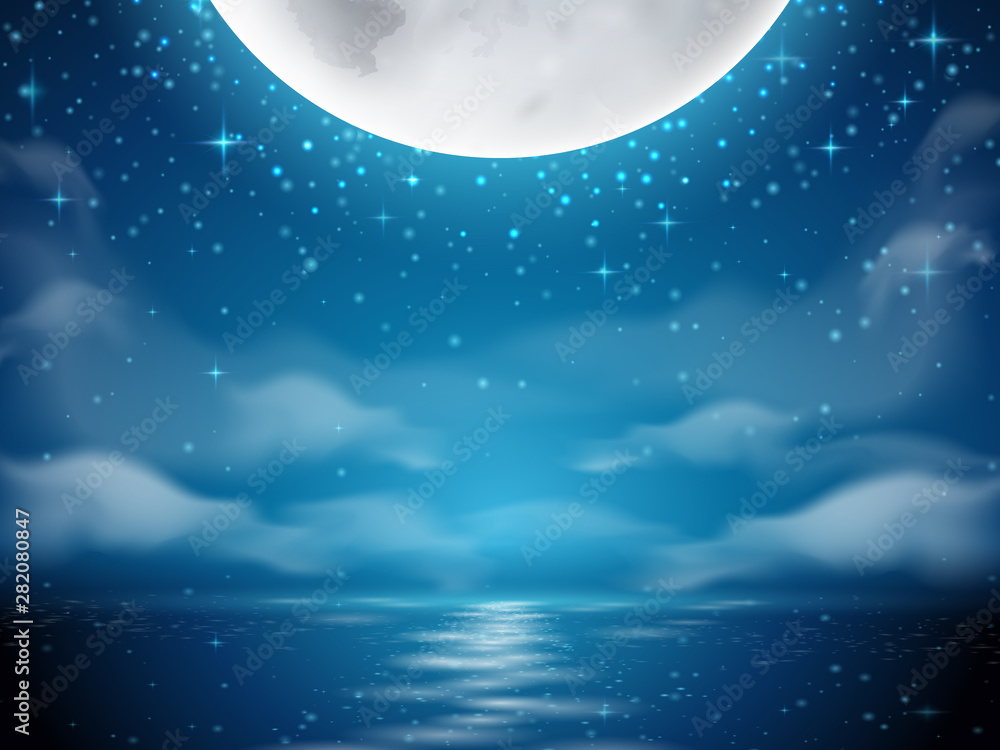月亮和大海的夜晚背景。月亮反射在海洋和河水上的深色背景。罗马