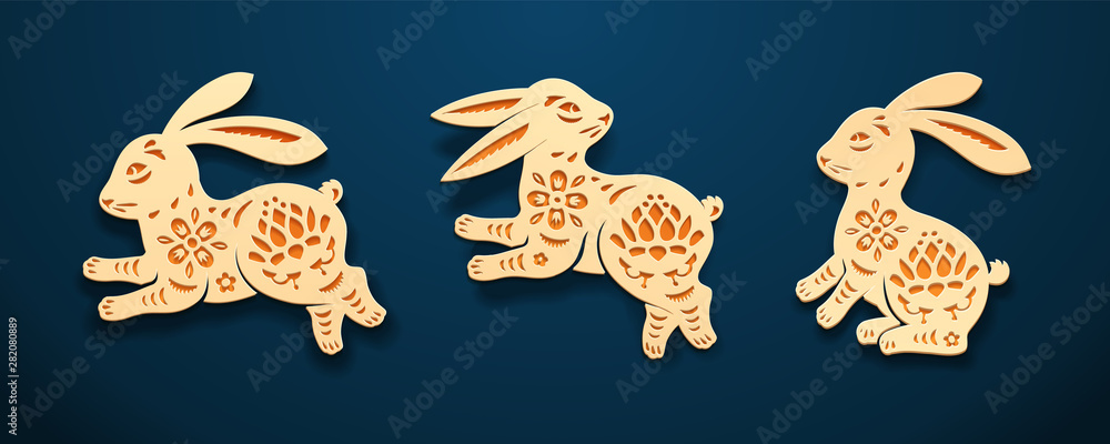 东方兔子或兔子纸艺或野兔雕刻的孤立图标。拉平装饰或圆锥形装饰