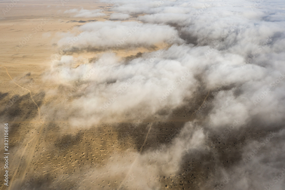 海岸雾笼罩着Skeleton海岸的沙漠景观。纳米比亚Skeleton沿岸。