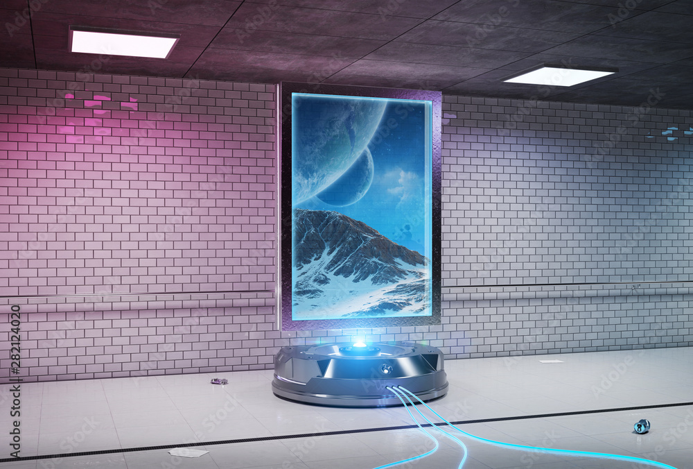 地铁站模型三维渲染中的未来主义垂直广告牌