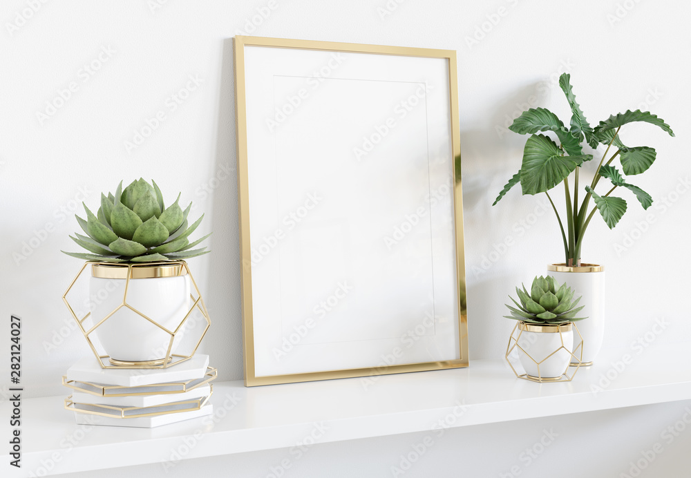 框架靠在明亮室内的白色架子上，带有植物和装饰的3D渲染模型