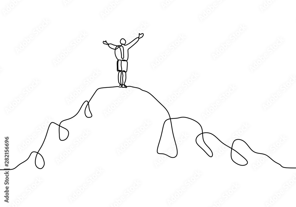 攀登山峰后，人们举起双手的连续线条图。快乐的概念