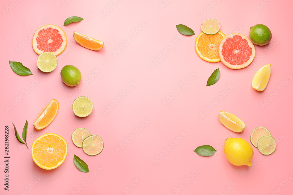 不同颜色背景的柑橘切片