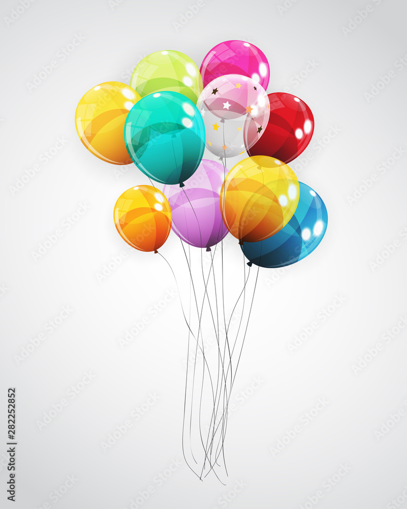 Group of Colour Glossy Helium Balloons Background. Set of  Balloons for Birthday, Anniversary, Celeb