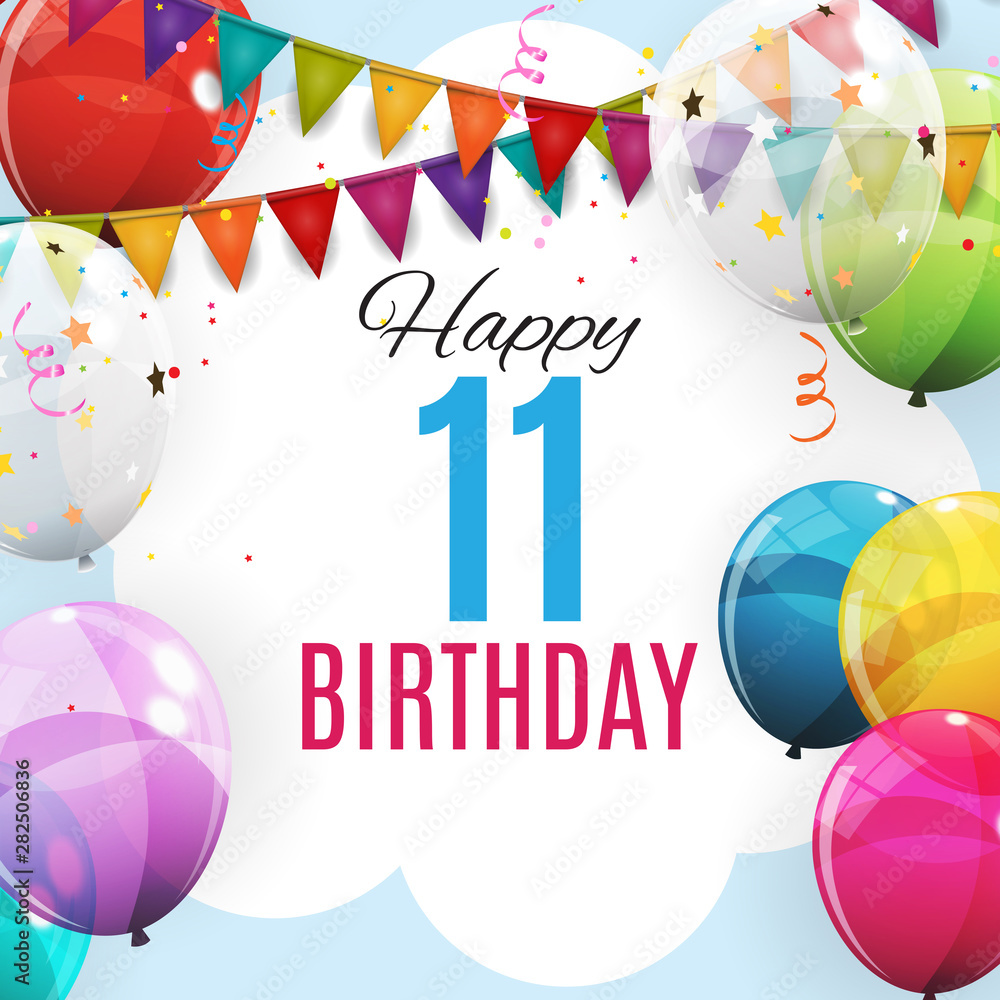 Cute Template 11 Years Anniversary. Group of Colour Glossy Helium Balloons Background. Vector Illust