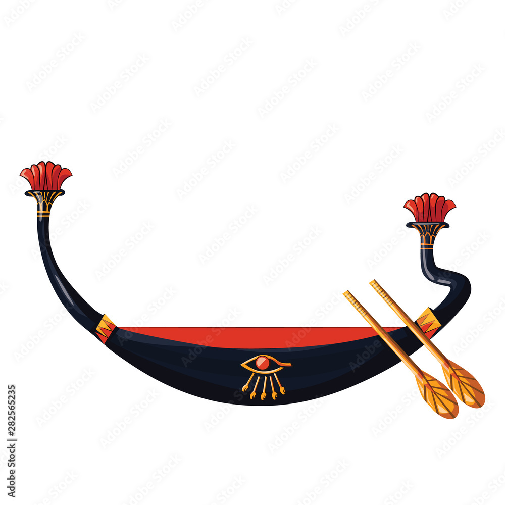 古埃及木船与桨太阳神之旅卡通矢量插图。埃及文化