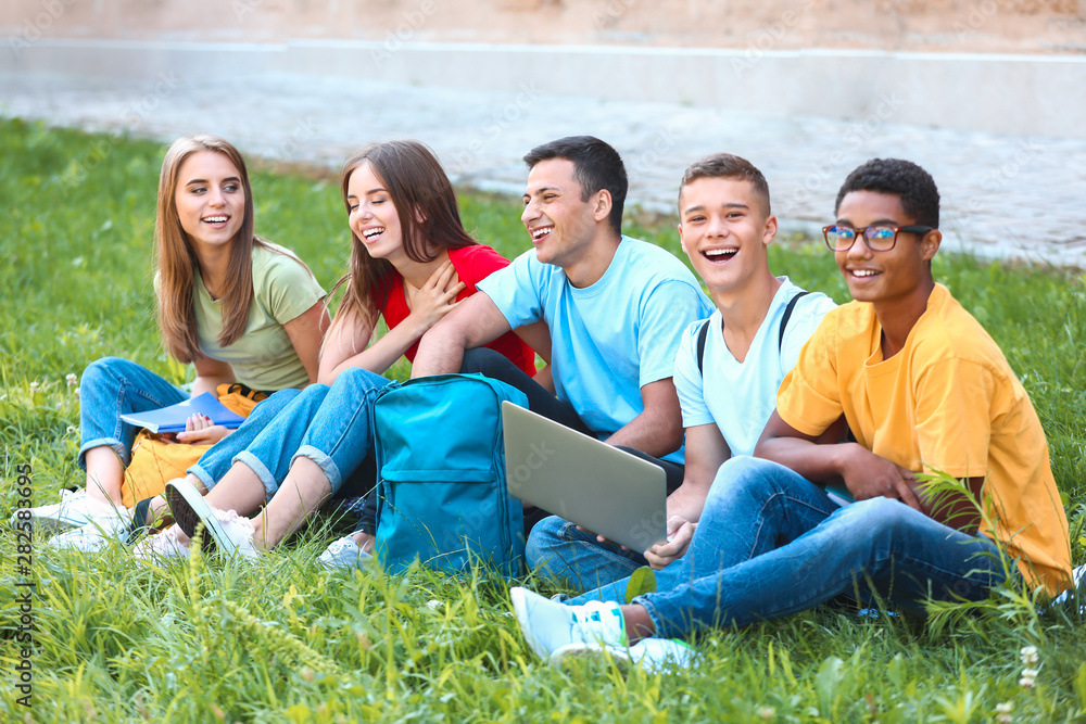 拿着笔记本电脑坐在户外草地上的年轻学生画像