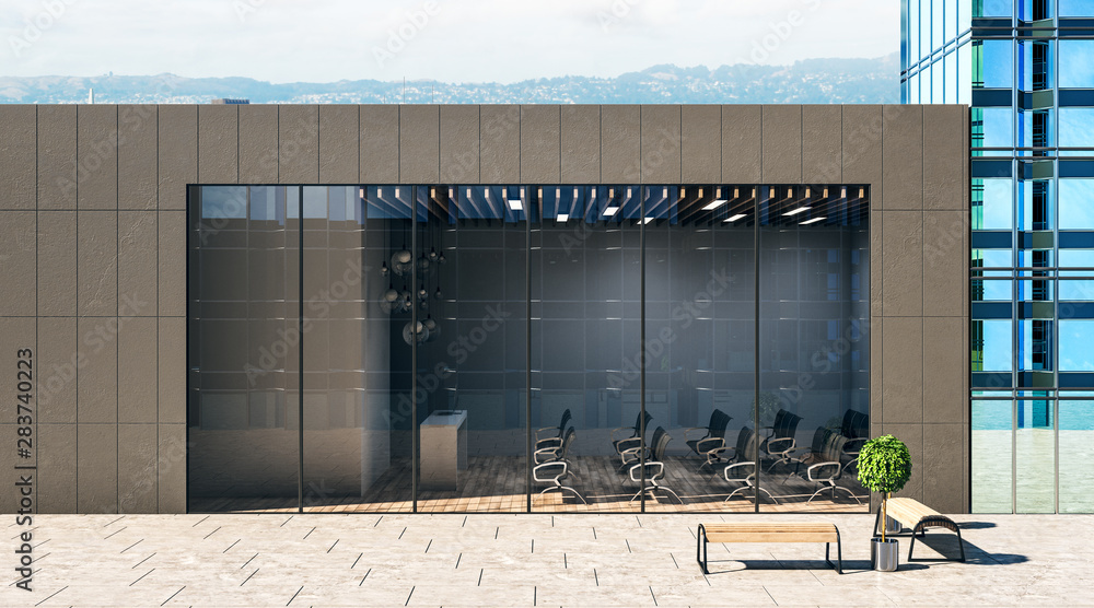 一层楼的现代化宽敞会议室，配有黑色椅子和木地板